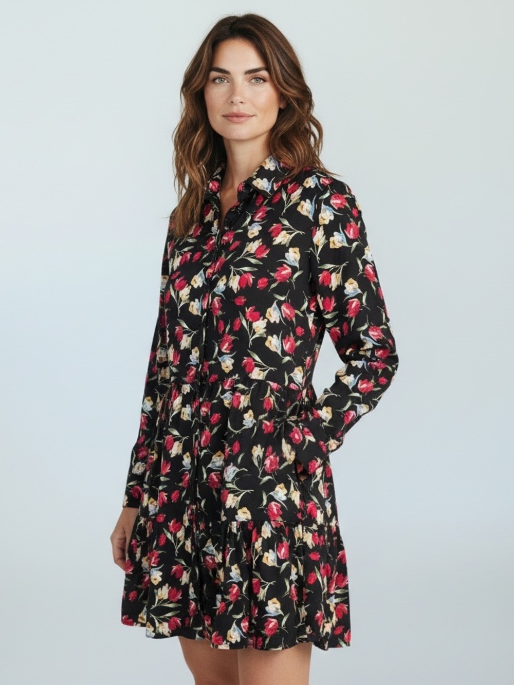 Zara Basic Z1975 Floral Shirt Dress M Black Red Fit Flare Long Sleeve midi fall
